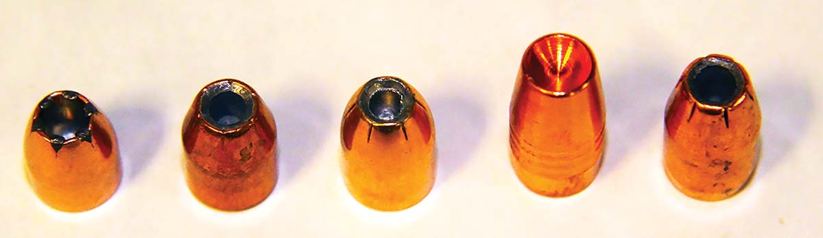 All bullets tested, except the all-copper Hammer Bullets Jack Hammer (fourth from left), included classic hollowpoint designs. All are ideal for self-defense, with the two heavier bullets also suited to hunting hog- or deer-sized game at close range.